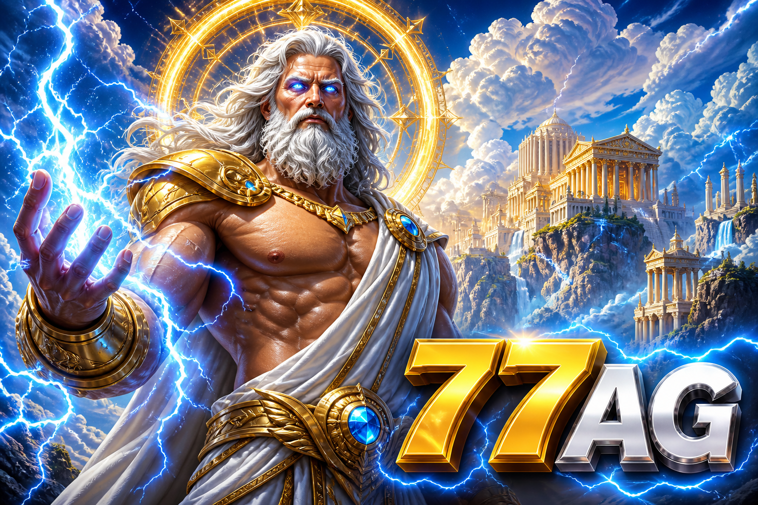 Banner epik 77AG dengan Zeus, petir biru, dan logo 77AG.