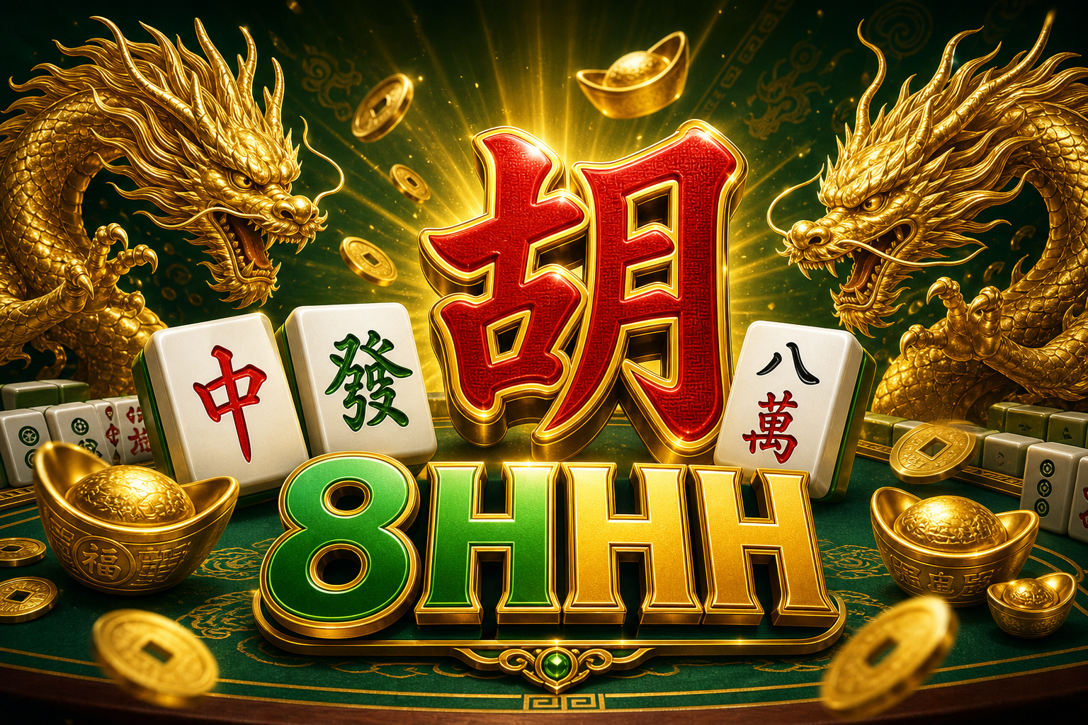 Tampilan tema mahjong 8HHH dengan karakter Hu, naga emas, dan ubin mahjong.