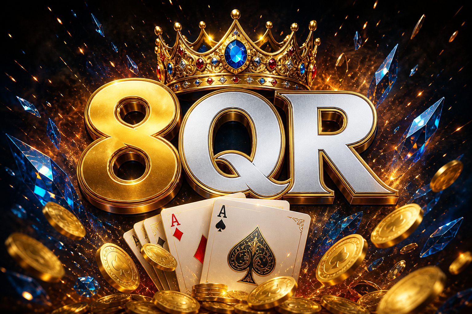 Tampilan tema 8QR dengan mahkota emas, kartu remi, dan koin jackpot.