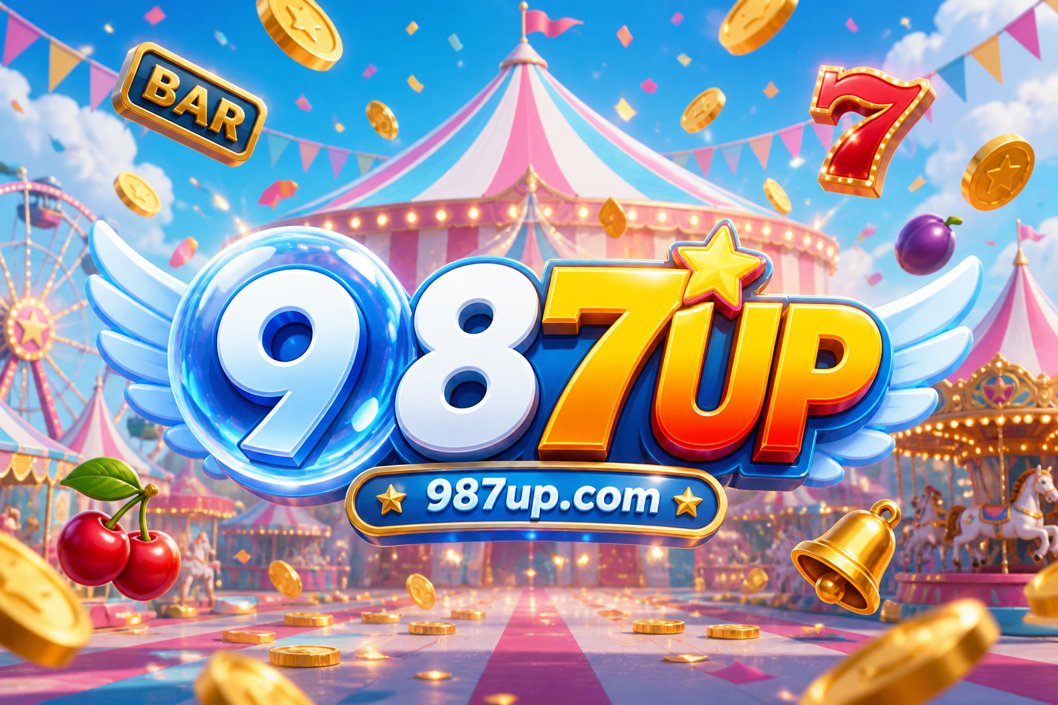 Banner slot carnival 987UP dengan logo sayap biru dan 987up.com.