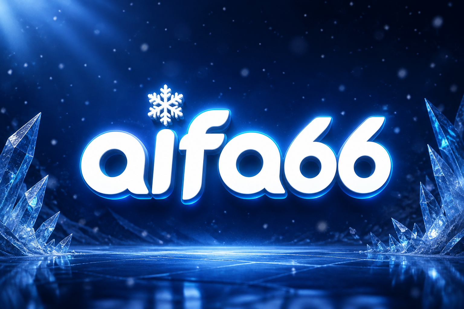 Banner aifa66 dengan logo putih, salju, dan latar biru laut.