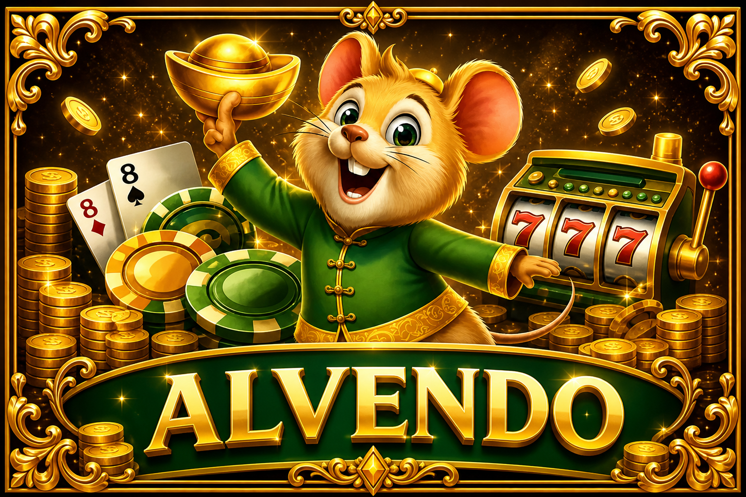 ALVENDO: tikus cheongsam, yuanbao, kartu 8, chip, mesin 777, banner hijau.