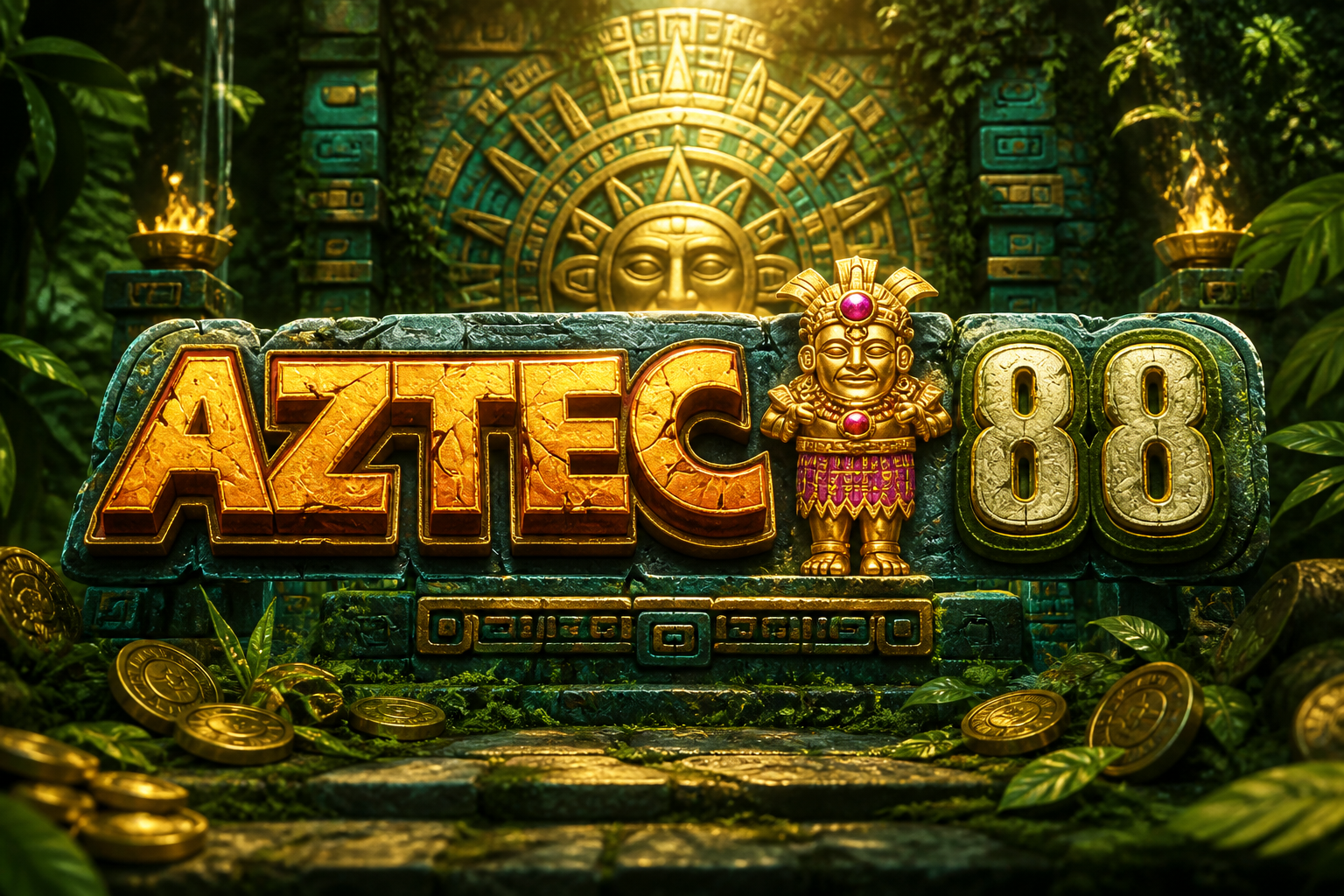 AZTEC 88: teks batu oranye, patung dewa emas, angka 88 ukir hijau.