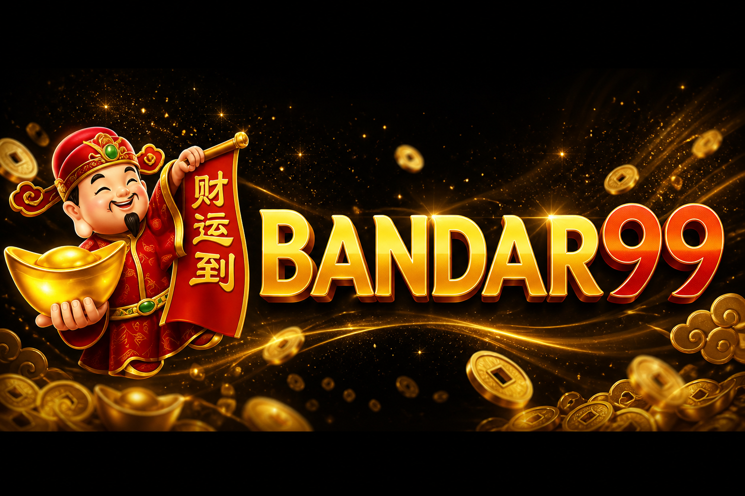BANDAR99: dewa rezeki, yuanbao, gulungan 财运到, teks emas BANDAR99.