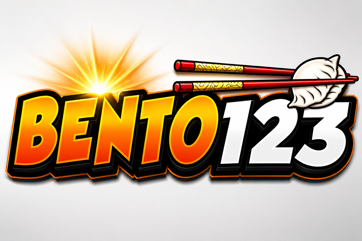 BENTO 123: teks oranye, angka 123 putih, sumpit merah, pangsit, ledakan cahaya.