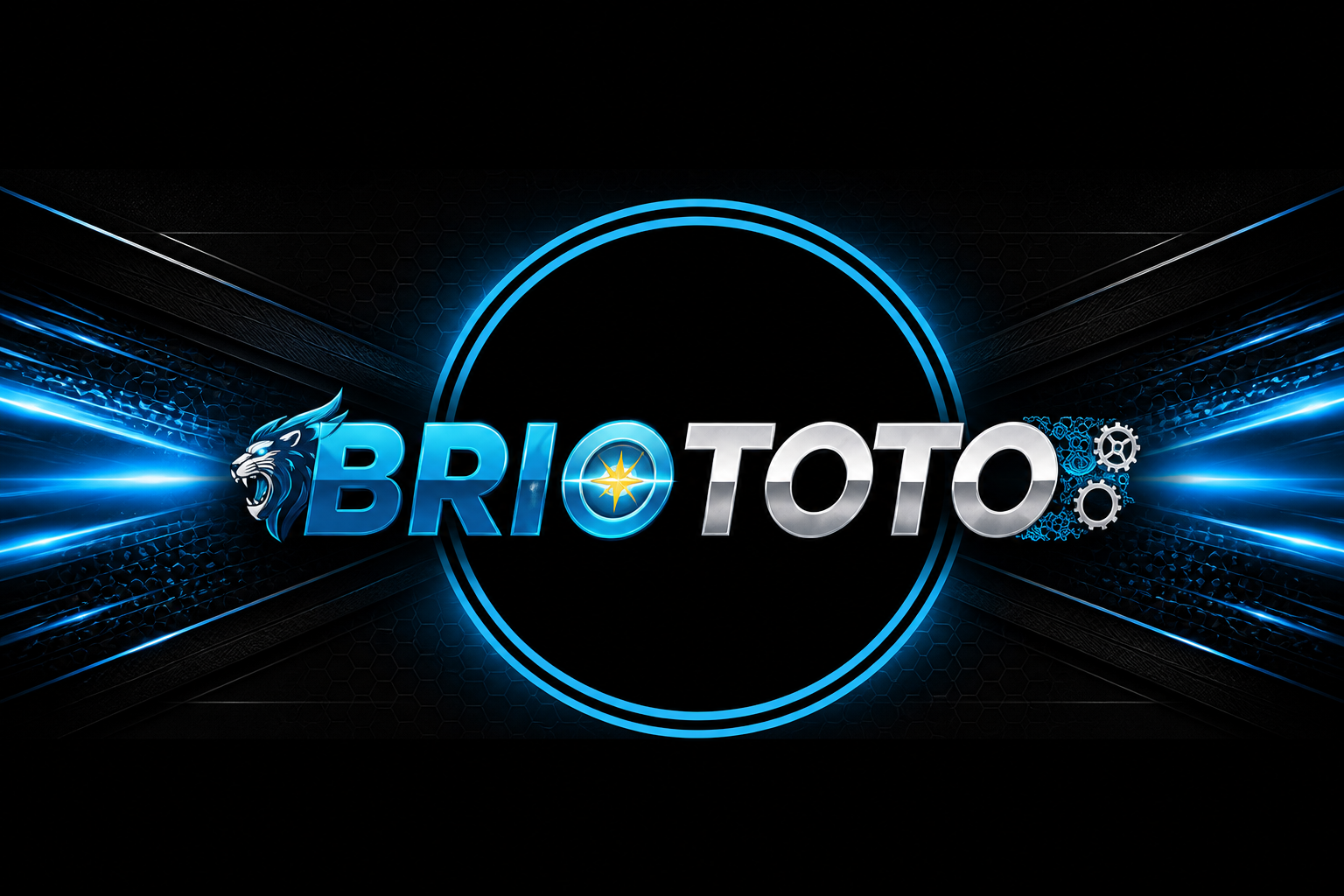 Badge BRIOTOTO: panther cyan, teks BRIO TOTO, cincin biru.