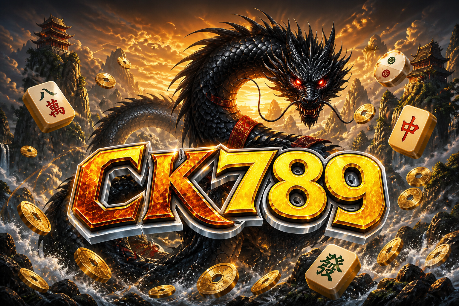 Naga hitam CK789, ubin mahjong, teks lava CK789.