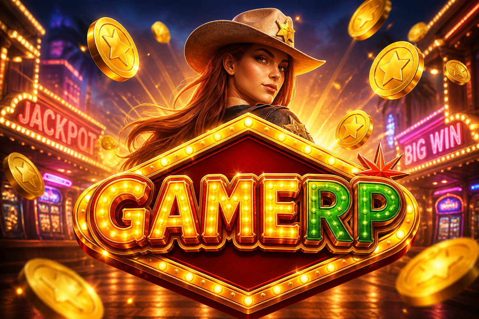 GAMERP: cowgirl, papan lampu GAMERP, koin emas.