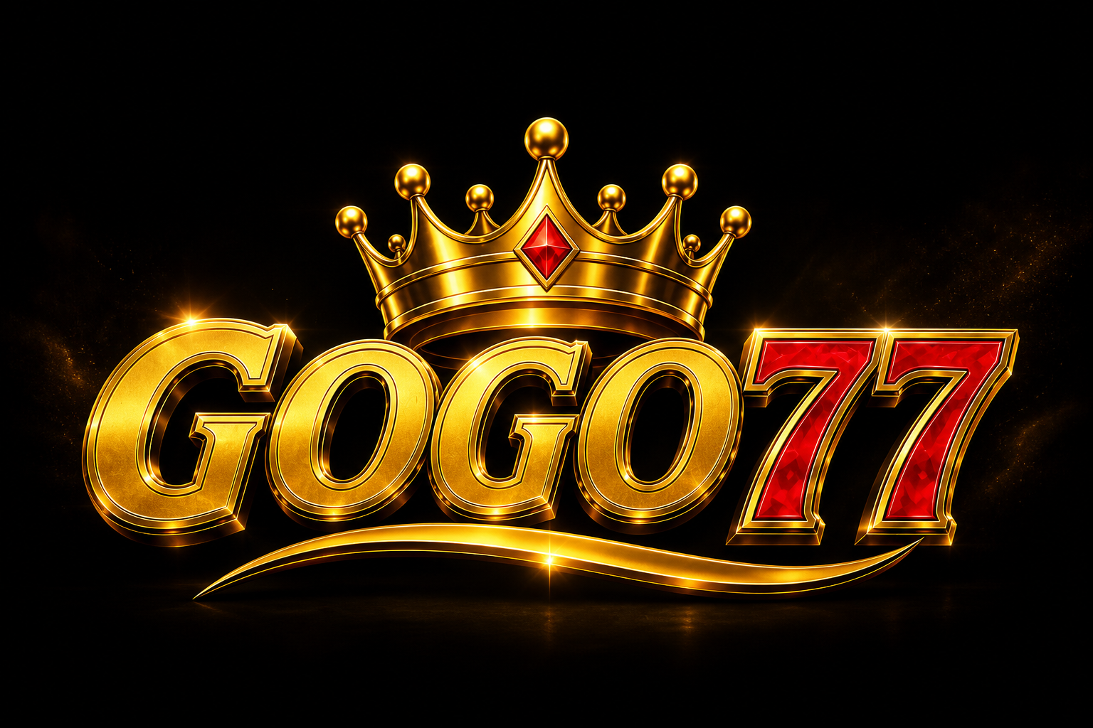 GOGO77: mahkota emas rubi dan teks GOGO 77.