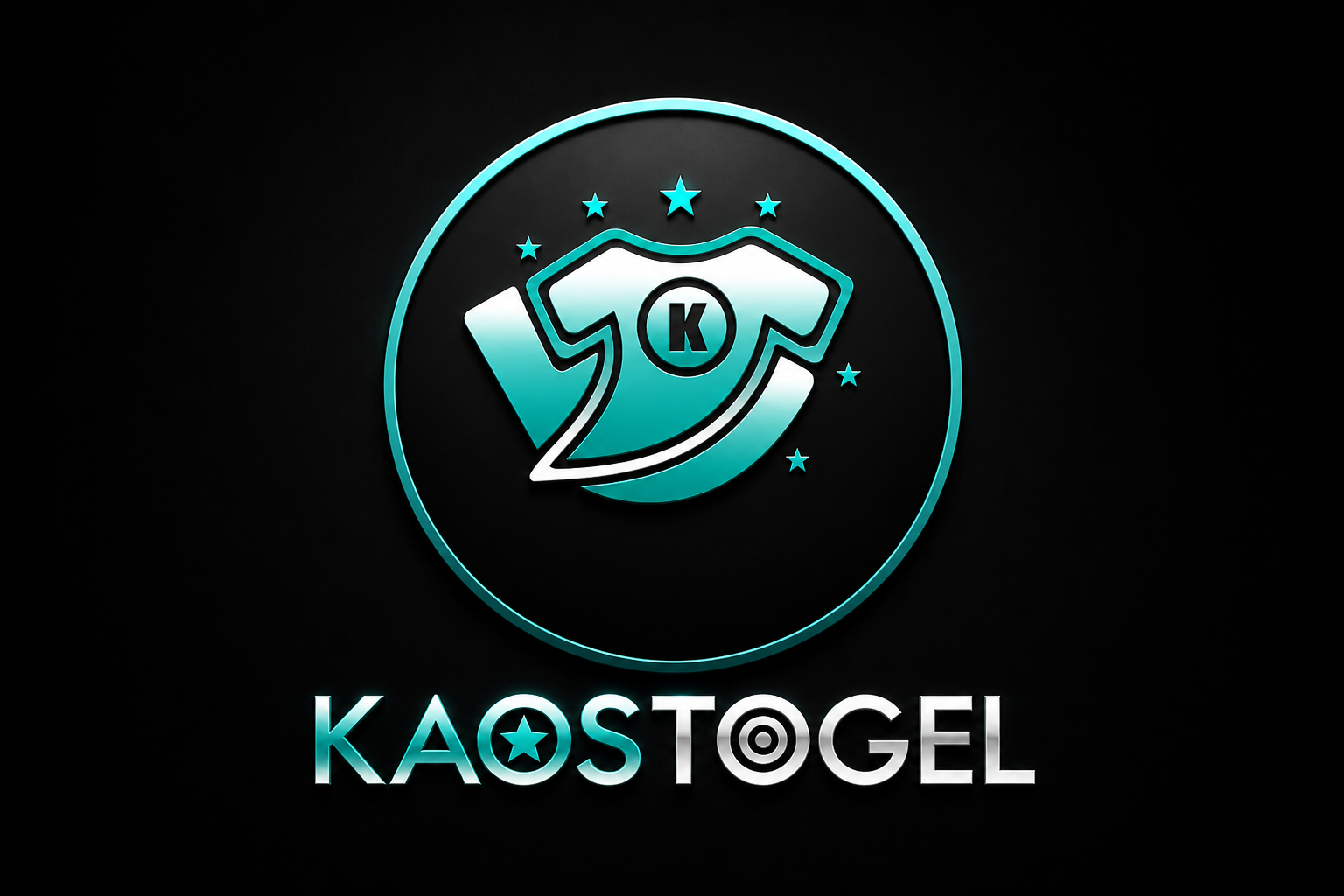 KAOSTOGEL: ikon kaos teal huruf K dan teks KAOSTOGEL.