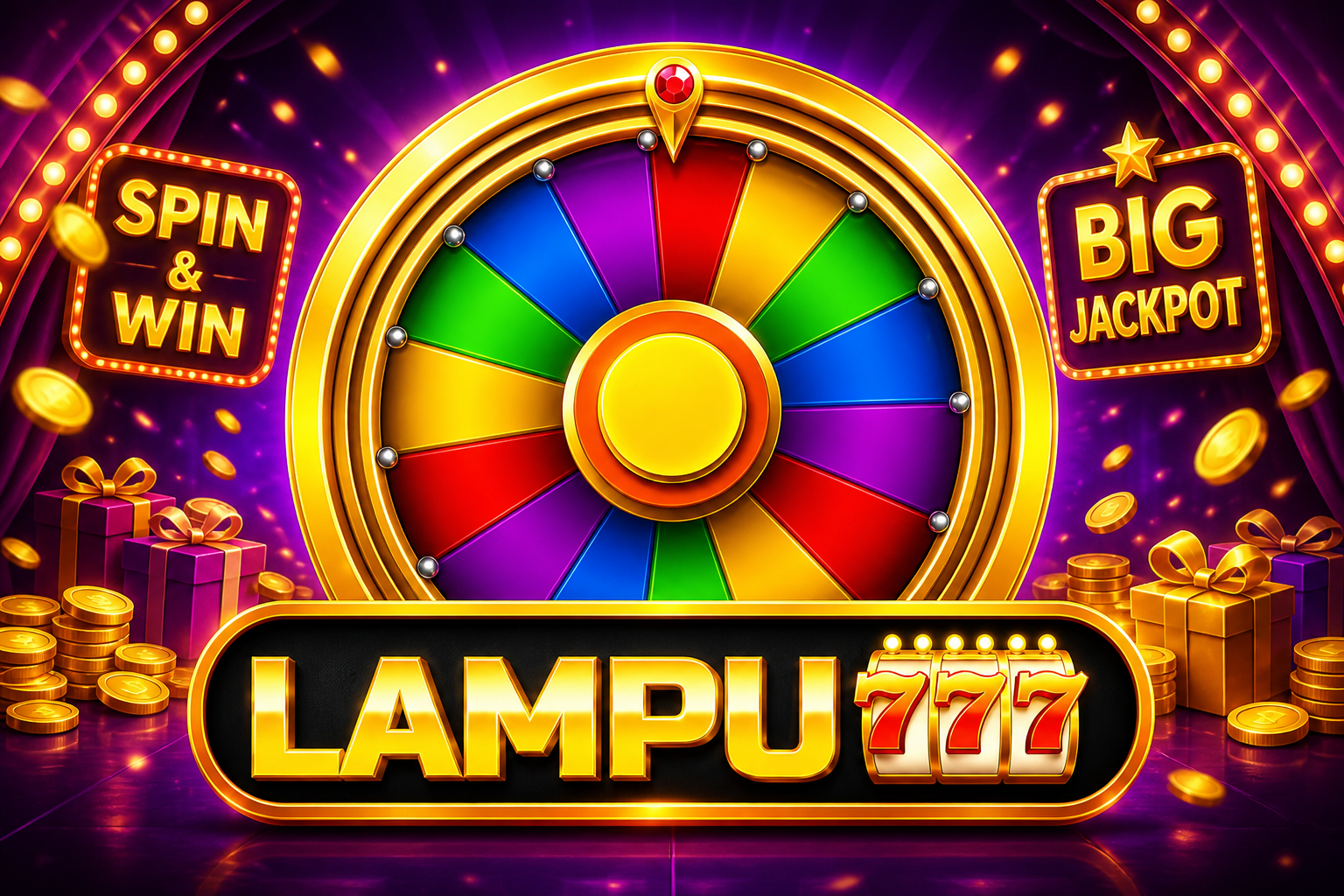 LAMPU777: kincir pelangi emas dan papan LAMPU 777.
