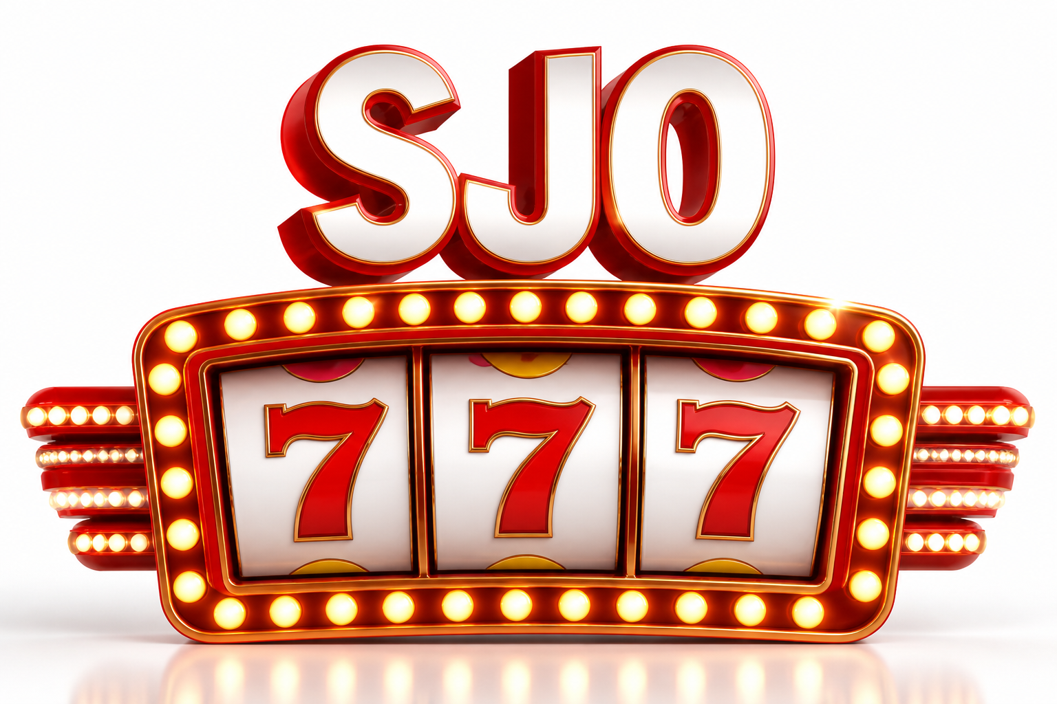 SJO777: huruf SJO merah dan tiga jendela 777 lampu.