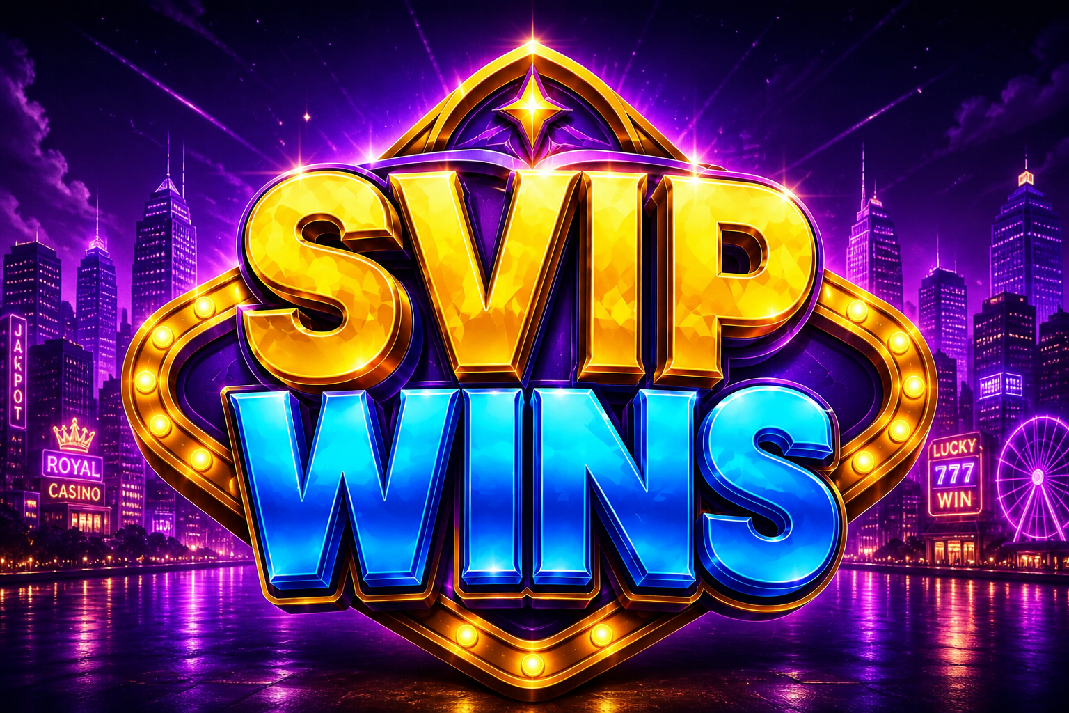 SVIP WINS: perisai neon ungu, SVIP emas, WINS biru.