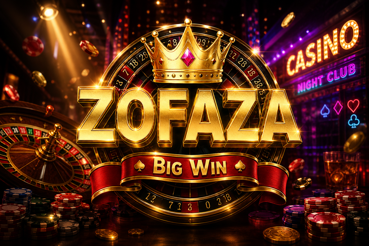ZOFAZA: mahkota permata, ZOFAZA emas, pita BIG WIN.